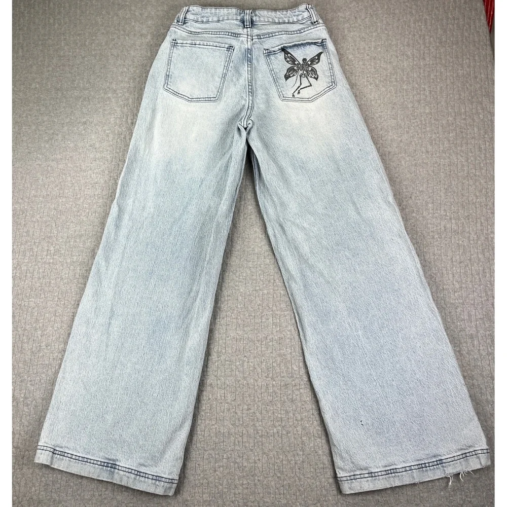 Hot Topic Skeleton Fairy Jeans Women 1/26x30 Light Blue Wide Leg Goth Fairycore